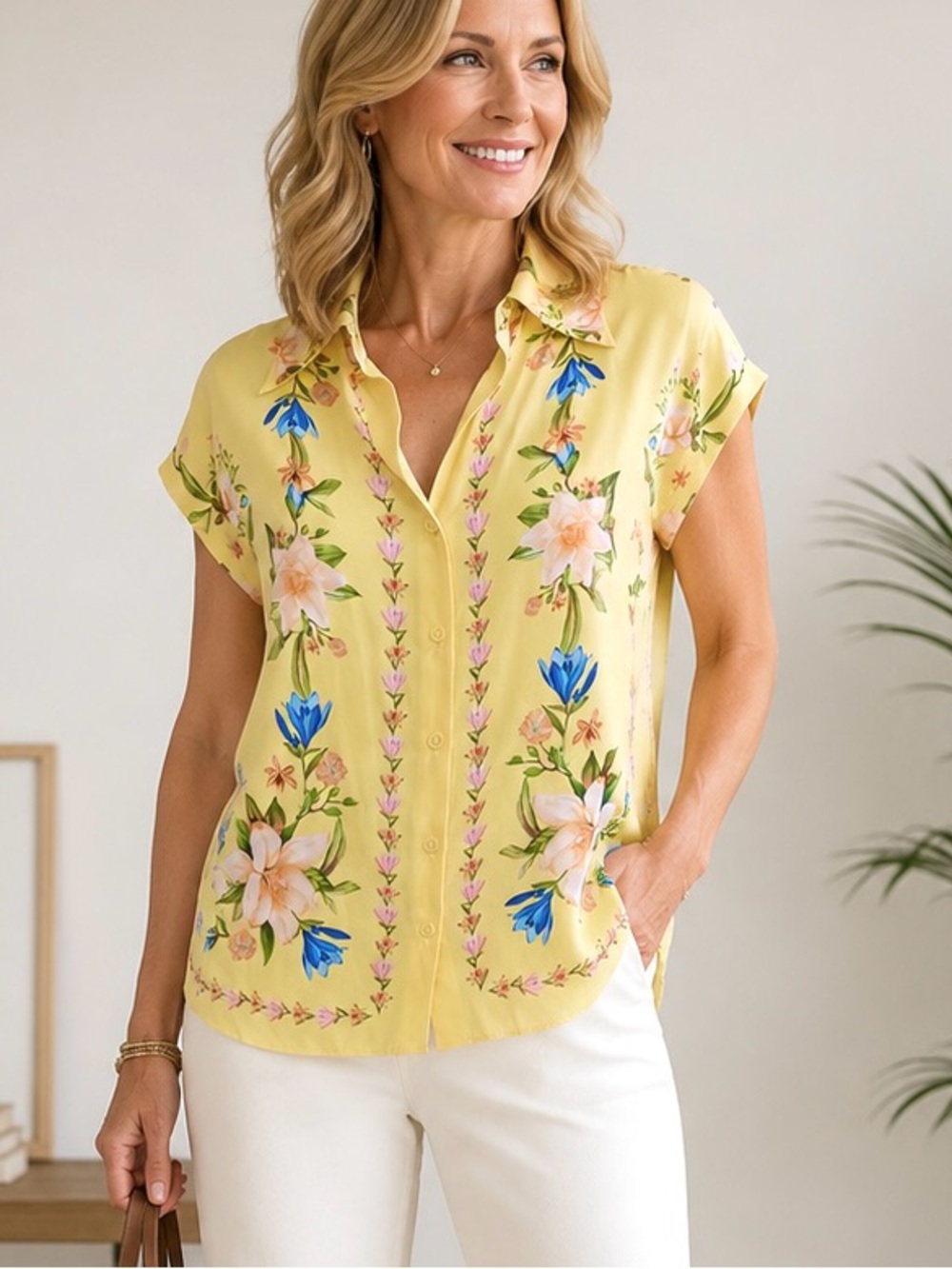 Rachel Zoe Yellow Floral Button-Down Blouse Sz M